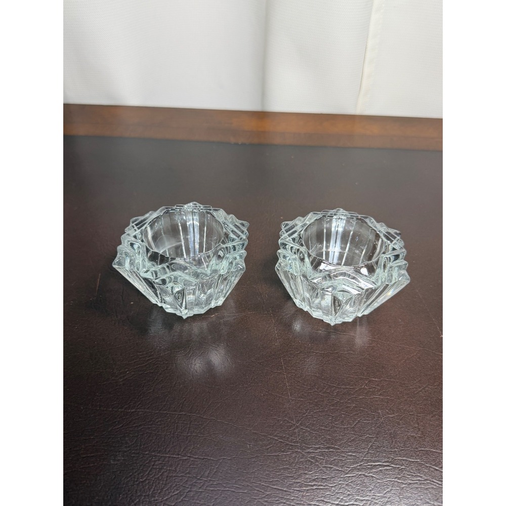 Vintage Clear Pressed Glass Votive Tealight Candle Holders Set of 2 Geometric